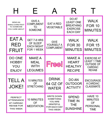Cardiac Rehab Week Bingo Card