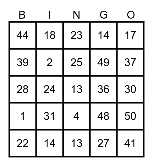 Números 1 a 50 Bingo Card