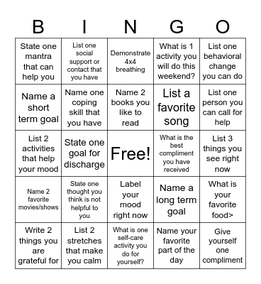 Mental Health Bingo Card