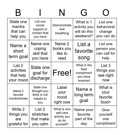 Mental Health Bingo Card