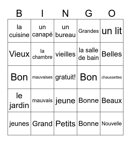 Les adjectifs BAGS Bingo Card
