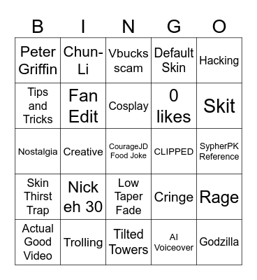 Fortnite YouTube Shorts Bingo Card