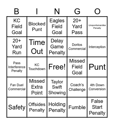 Quad 5 Superbowl BINGO Card