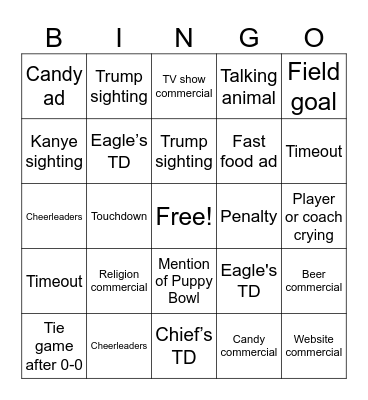 Super Bowl 2025 Bingo Card