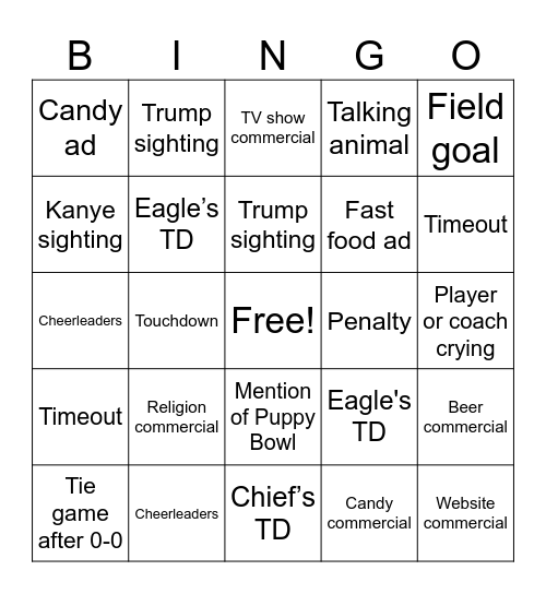 Super Bowl 2025 Bingo Card