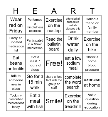 Cardiac Rehab Week Bingo Card