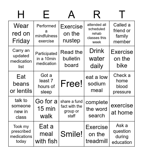 Cardiac Rehab Week Bingo Card