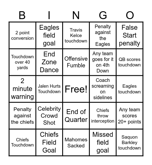 SUPER BOWL LIX CHIEFS VS EAGLES Bingo Card