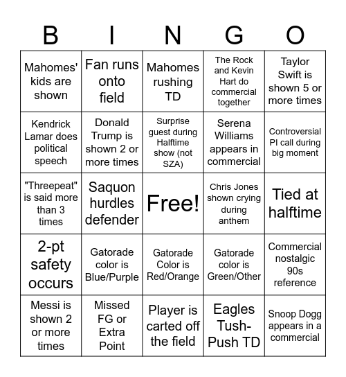 ADP Superbowl Bingo Card