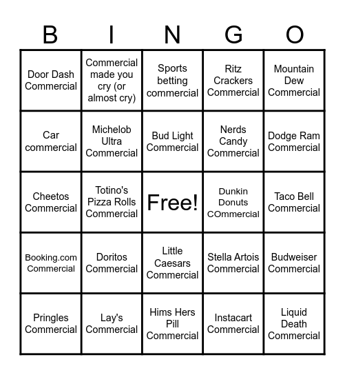 SUPER BOWL COMMERCIALS LIX Bingo Card