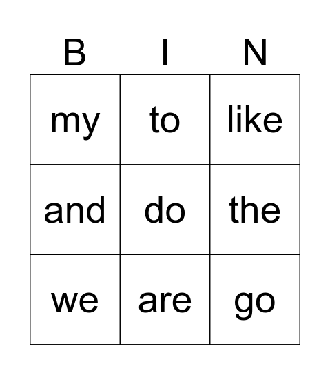 sight words Bingo Card