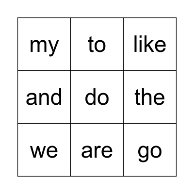 sight words Bingo Card