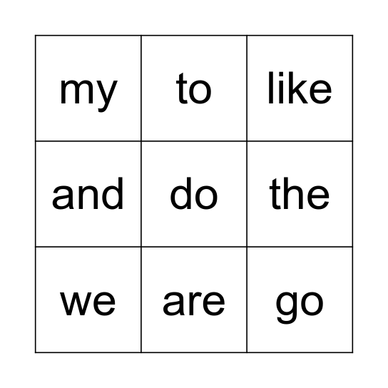sight words Bingo Card