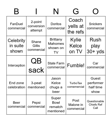 SuperBowl LIX BINGO 2025 Bingo Card