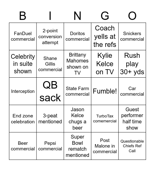 SuperBowl LIX BINGO 2025 Bingo Card