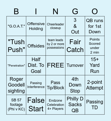 SUPER BOWL LIX KC vs PHI Bingo Card