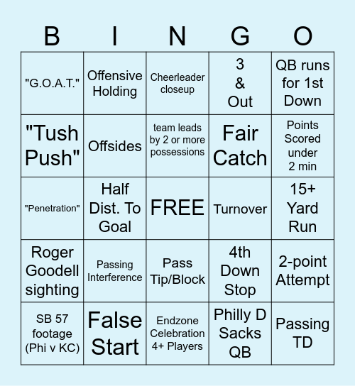 SUPER BOWL LIX KC vs PHI Bingo Card