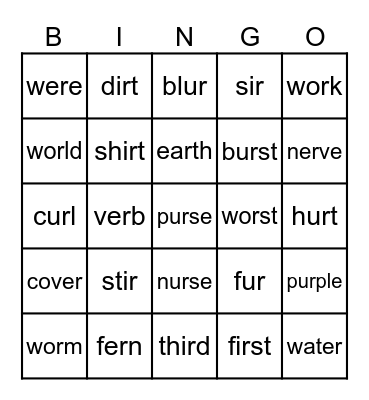 r-controlled vowels Bingo Card