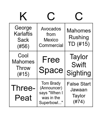 Super Bowl Bingo Card