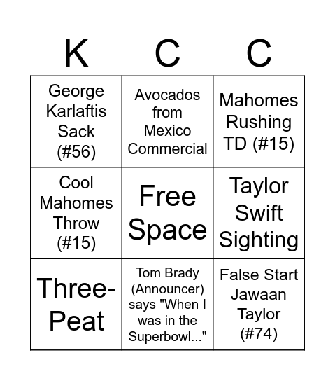 Super Bowl Bingo Card