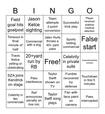 Super Bowl LVII Bingo Card