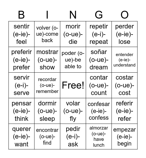 STEM CHANGING VERBS Bingo Card