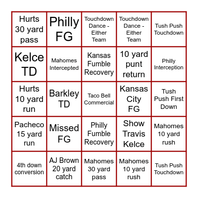 2025 Super Bowl Bingo Card