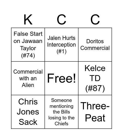 Superbowl Bingo Card