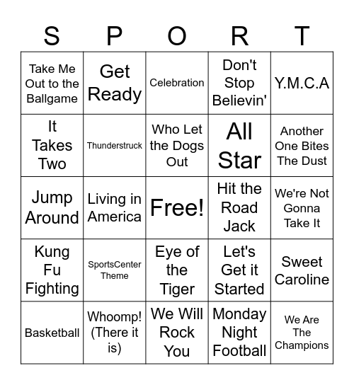Sports Music Bingo Card