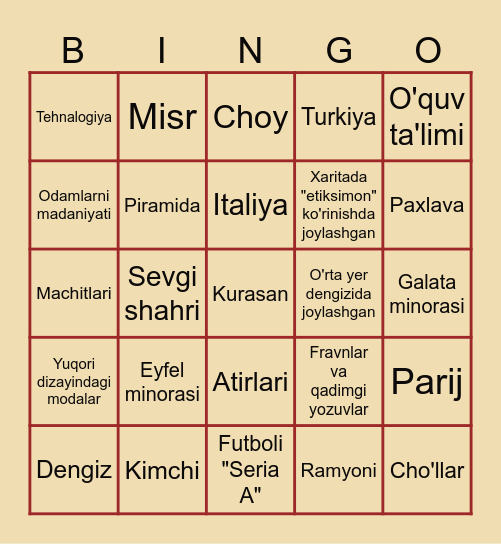 Shahar va davlatlar Bingo Card
