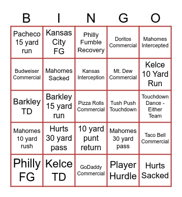 2025 Super Bowl Bingo Card
