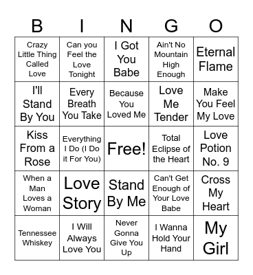 Valentine Songs Bingo Card