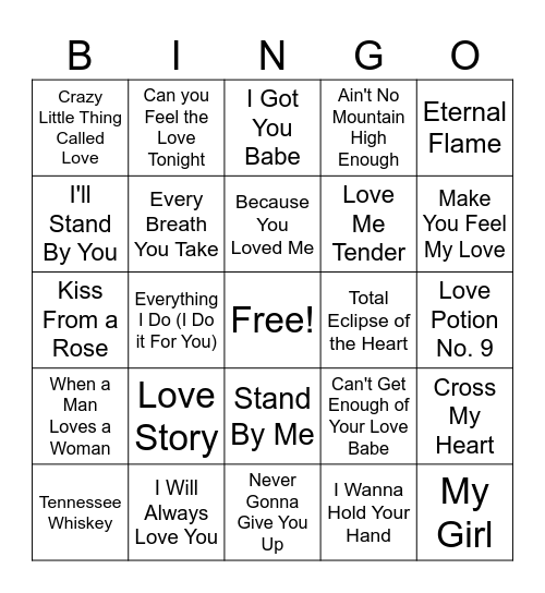 Valentine Songs Bingo Card
