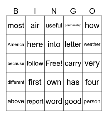 5th Grade Bingo Card