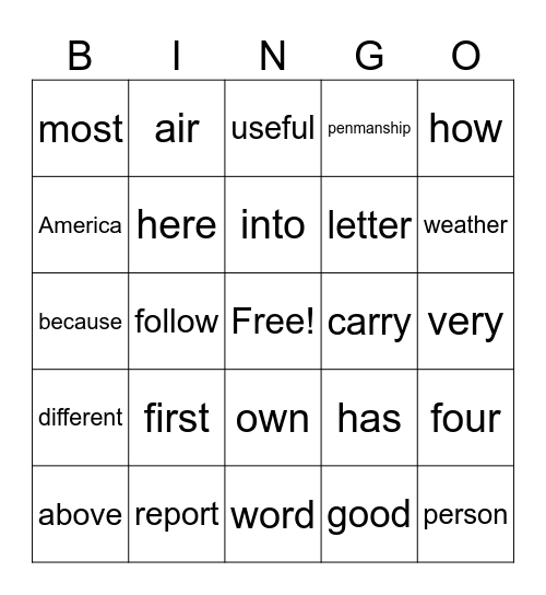 5th Grade Bingo Card