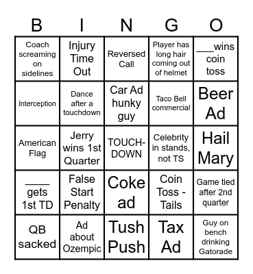 Super Bowl Bingo Card