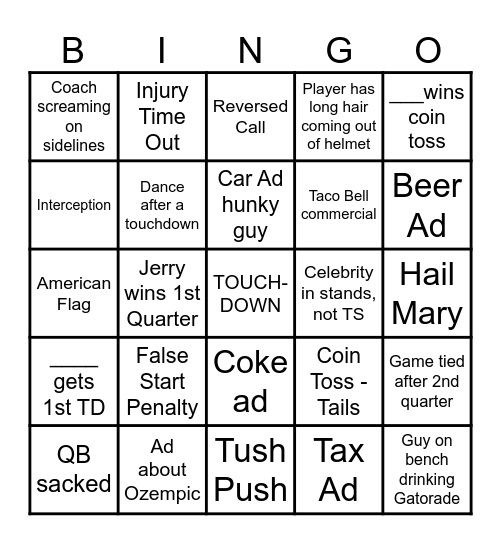 Super Bowl Bingo Card