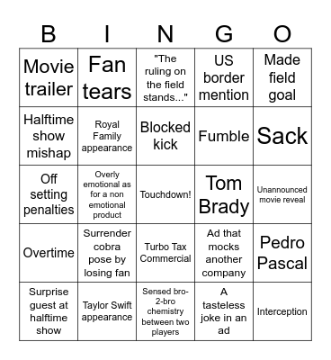Superbowl Bingo Card