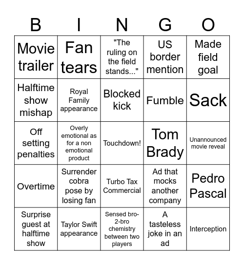Superbowl Bingo Card