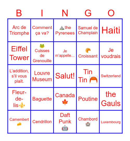 French Bingo Card