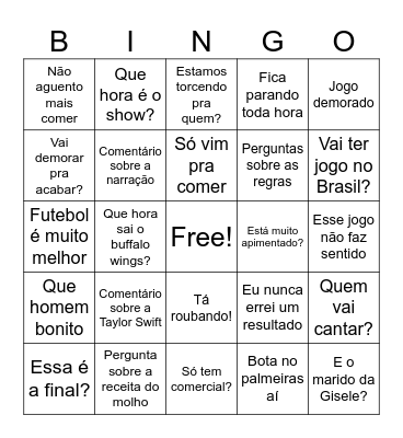 Super Bowl watch party Bingo Card