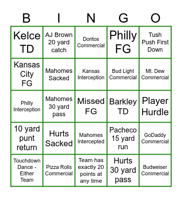 2025 Super Bowl Bingo Card
