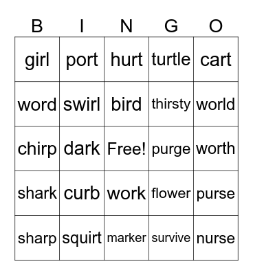 R Controlled Vowel Bingo Card