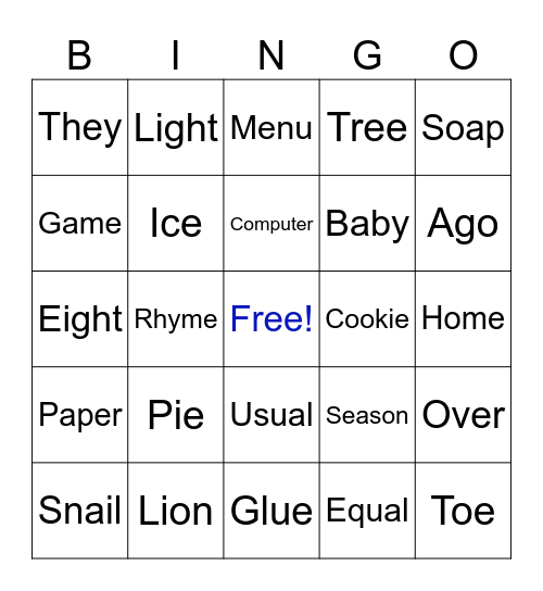 Long Vowel Bingo Card