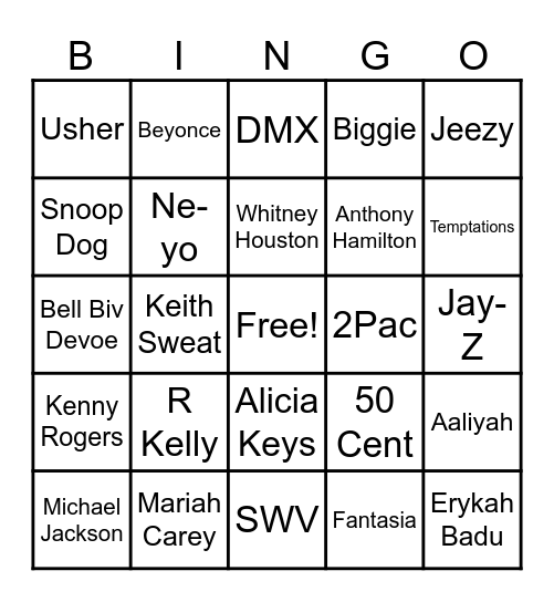 Hip Hop & R&B Bingo Card