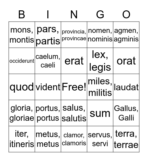 Latin Bingo Card