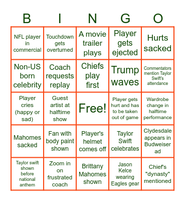 Superbowl LIX Bingo Card