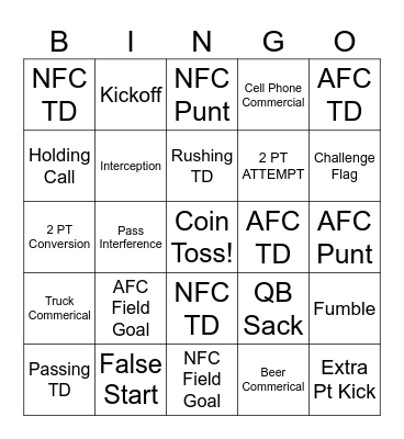 Super Bowl Bingo Card