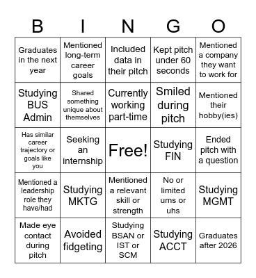 Career Forward Elevator Pitch Bingo Card