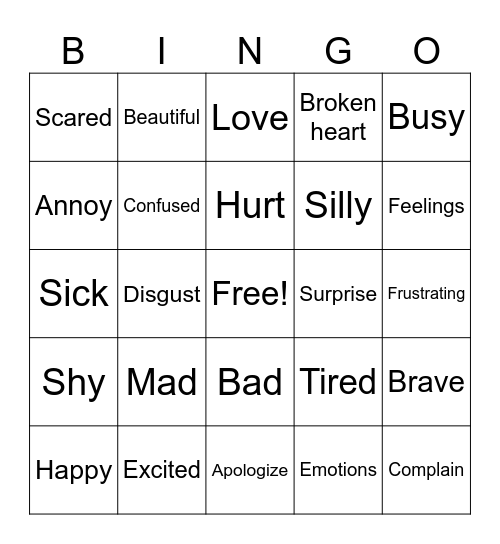 Emotions/Feelings Bingo Card